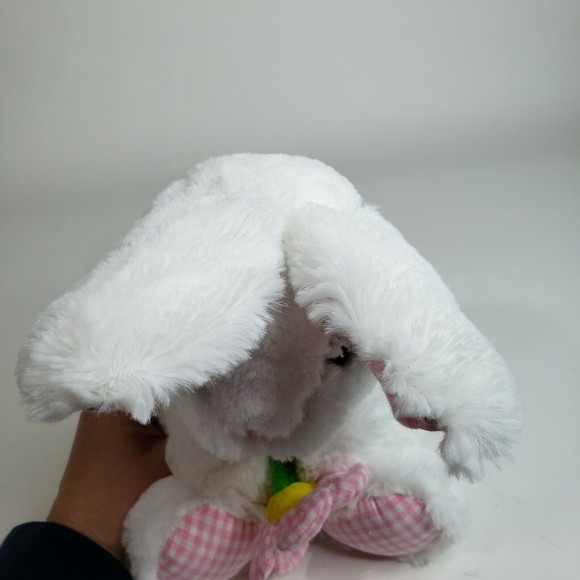 New Concepts Plush White Easter Bunny Rabbit Pink Gingham Flower Clean - Picture 5 of 10